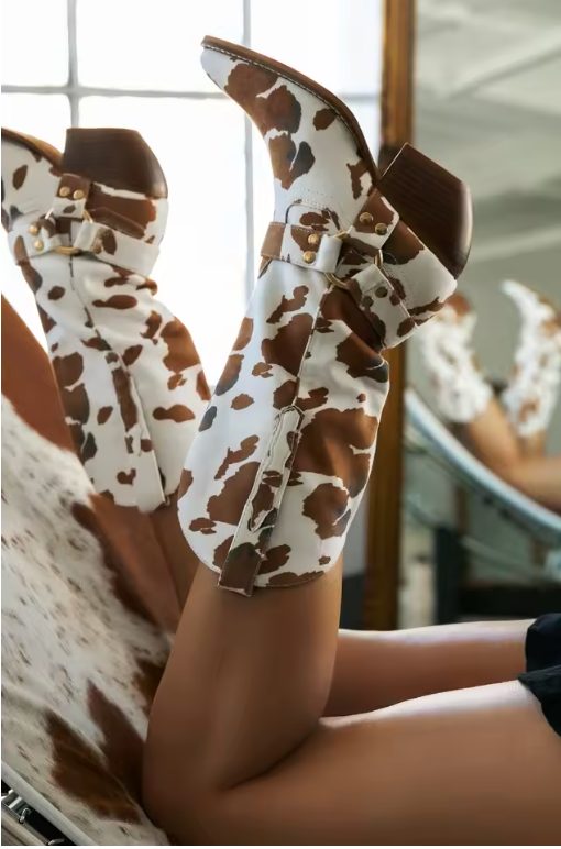 Brown cow-print block-heel cowboy boot