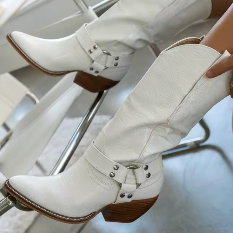 White cow-print block-heel cowboy boot