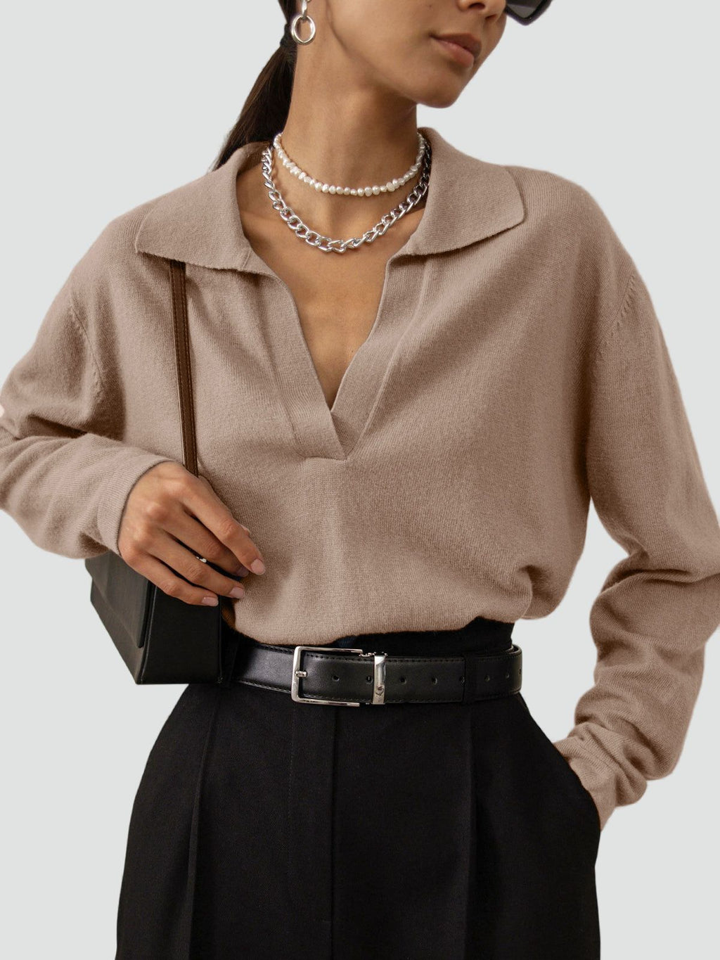 Women's Knit Collared V-Neck Sweater