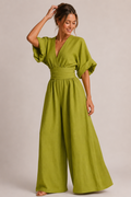 Three-quarter sleeve wide-leg jumpsuit in olive
