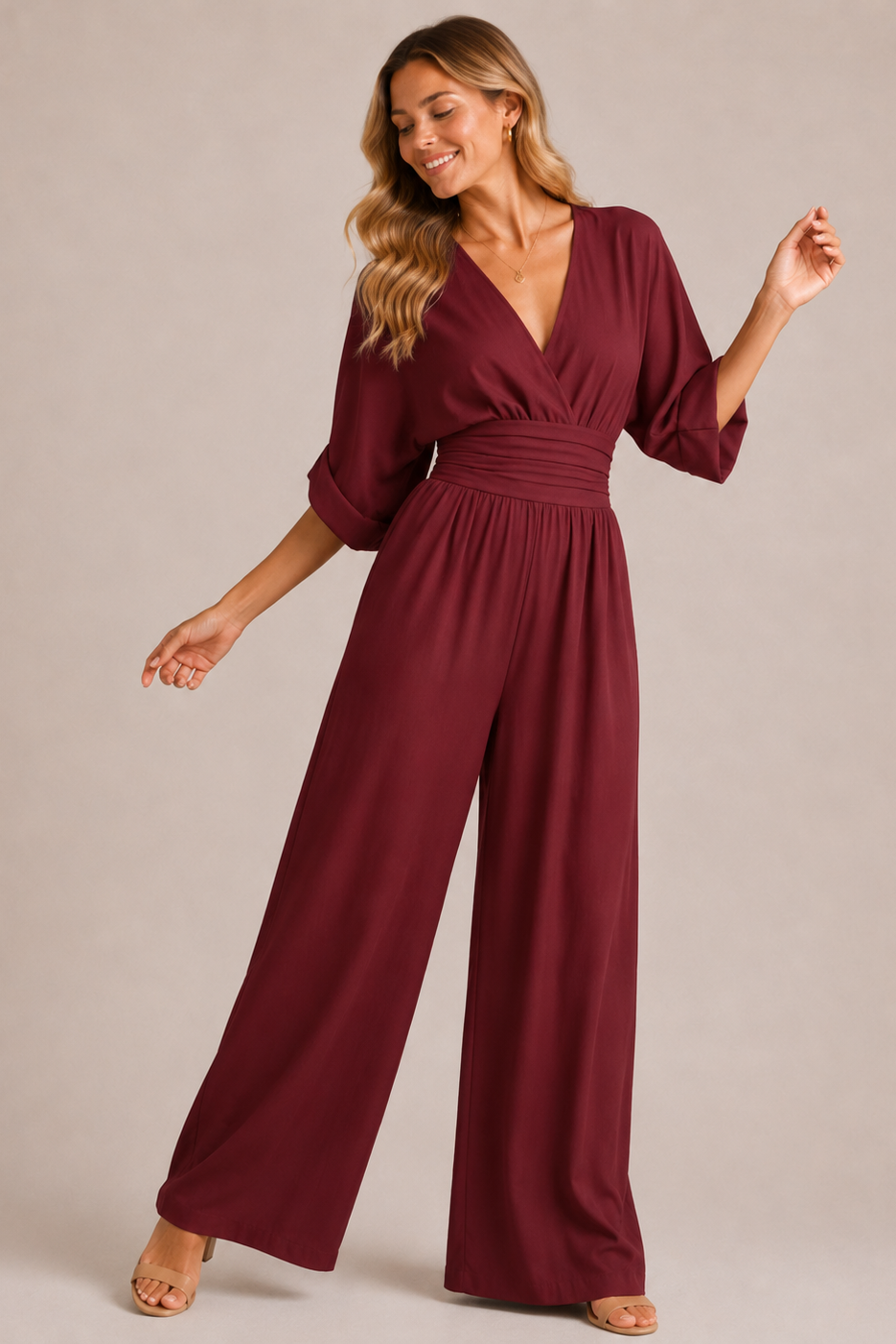 Three-quarter sleeve wide-leg jumpsuit in burgundy