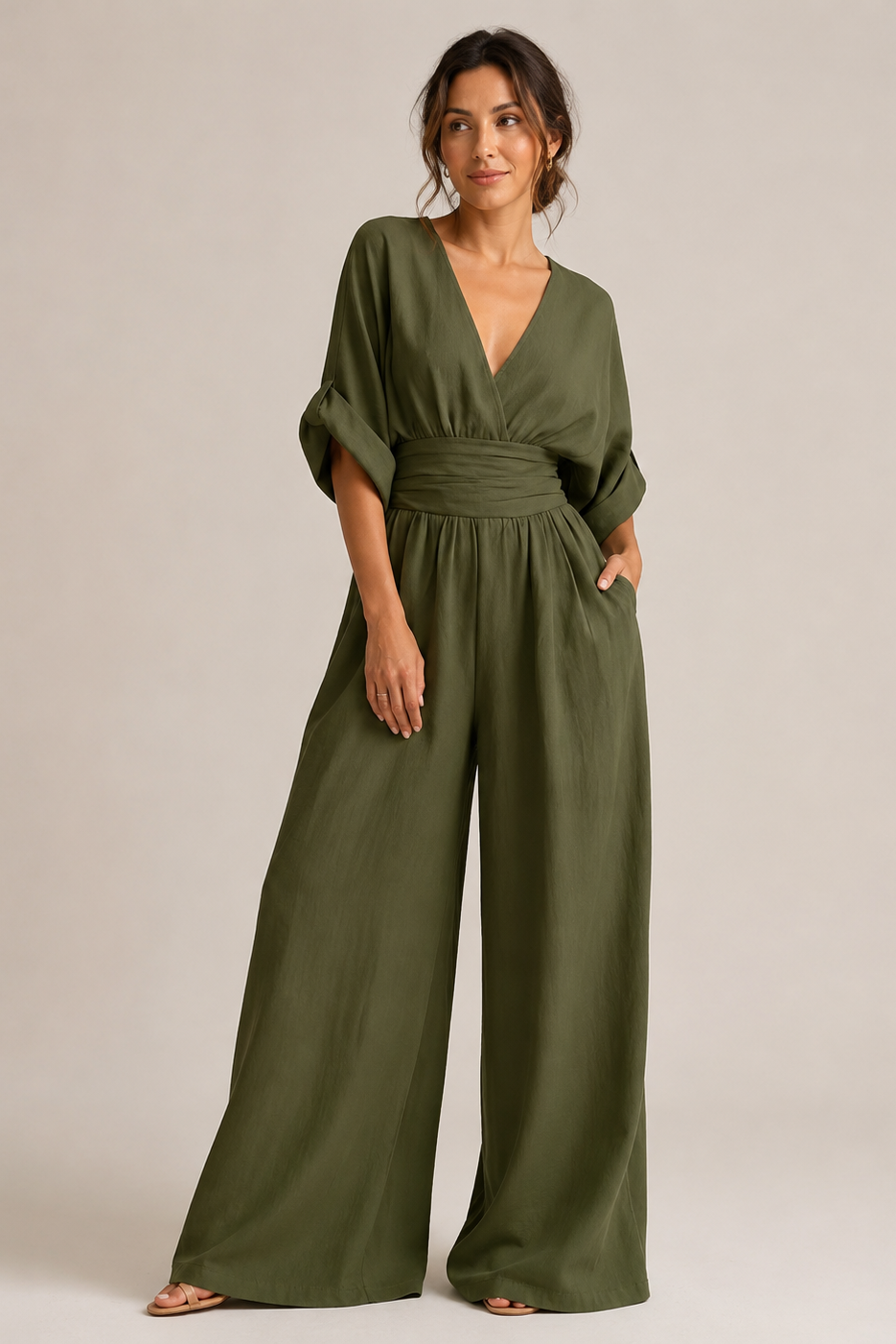 Three-quarter sleeve wide-leg jumpsuit in dark green