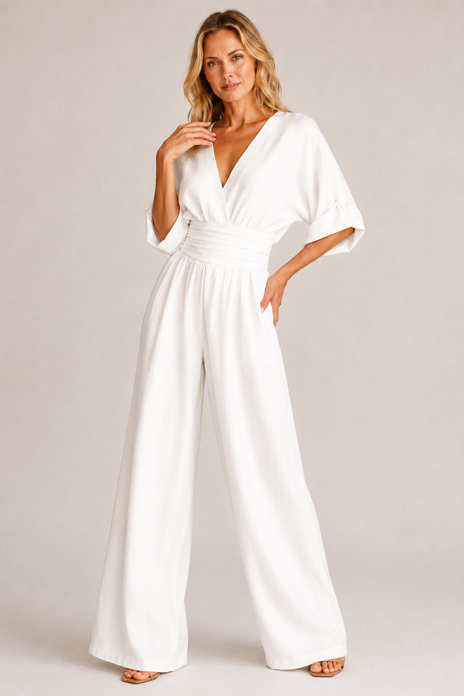 Three-quarter sleeve wide-leg jumpsuit in white