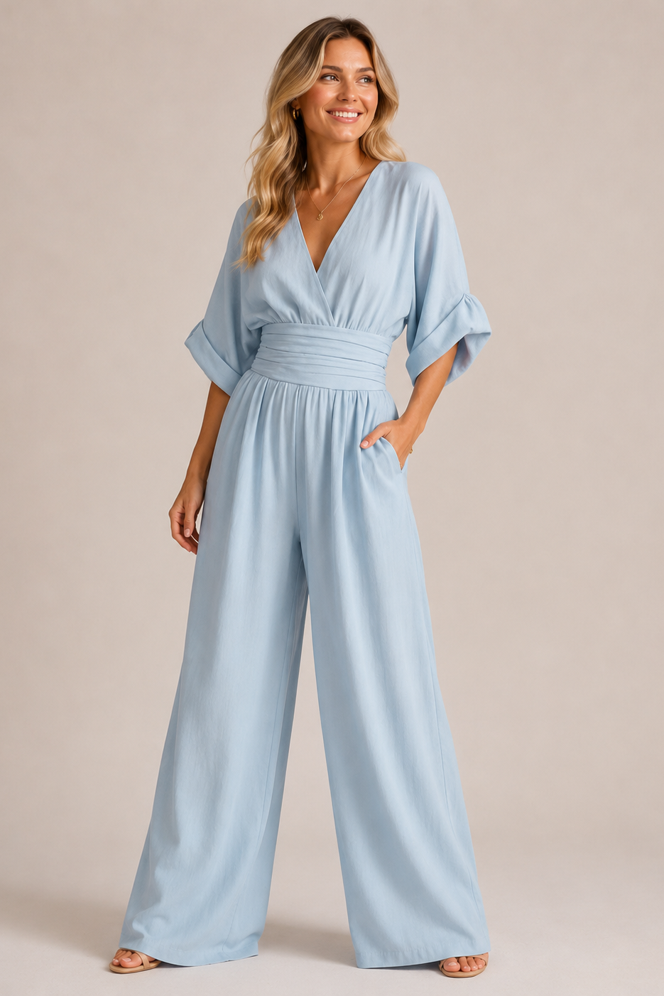 Three-quarter sleeve wide-leg jumpsuit in light blue
