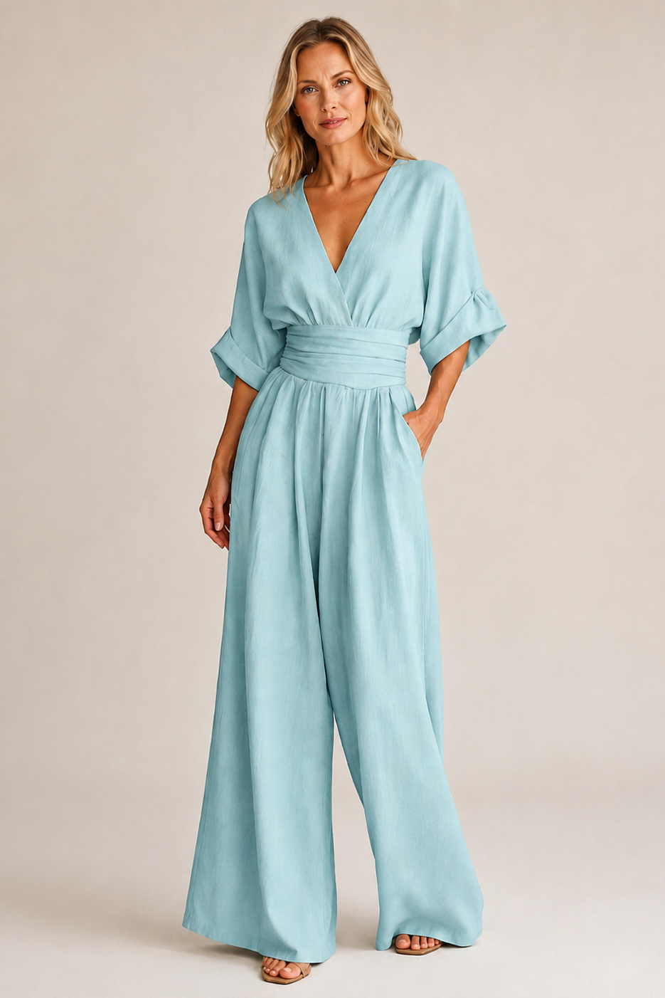 Three-quarter sleeve wide-leg jumpsuit in peacock blue
