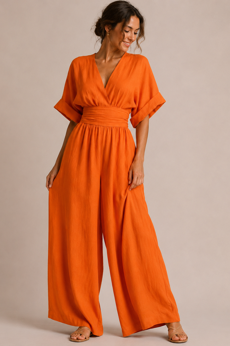Three-quarter sleeve wide-leg jumpsuit in orange