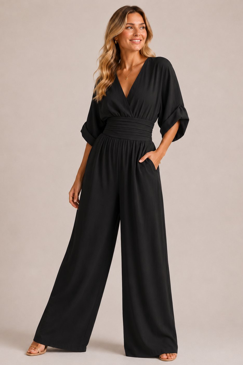 Three-quarter sleeve wide-leg jumpsuit in black