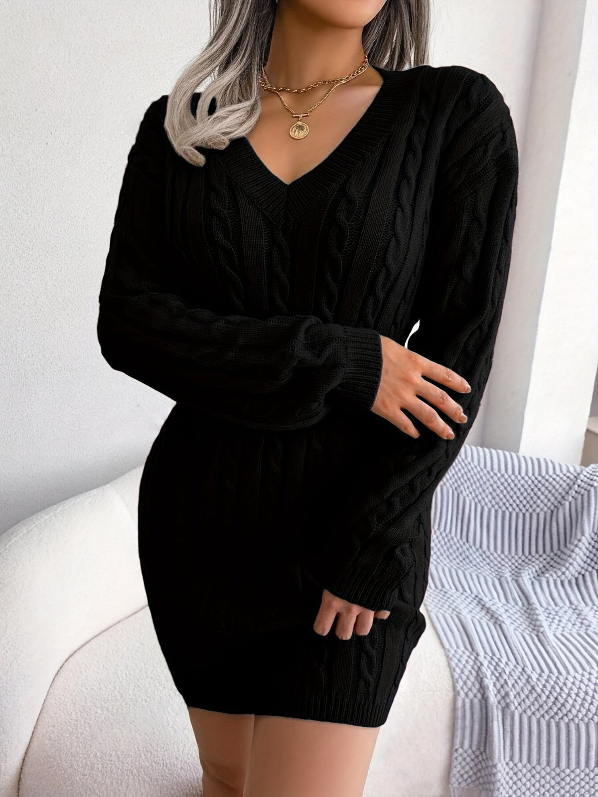 Women's Cable-Knit Sweater Dress, Cinched Waist – view 8