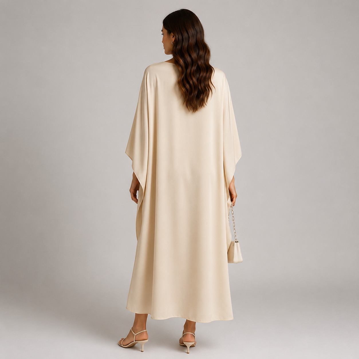 Draped cape maxi dress showing flowing cape detail
