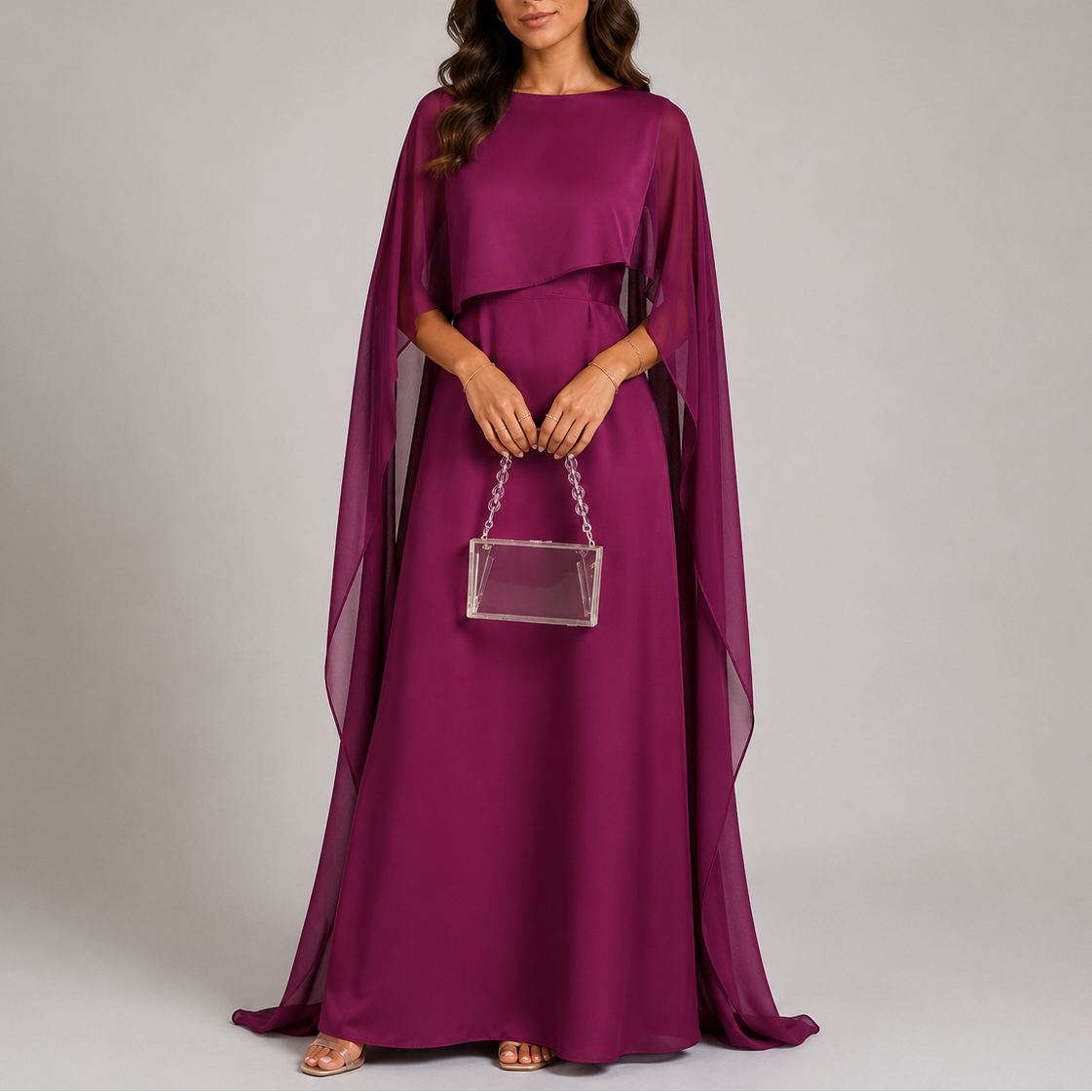 Draped cape maxi dress with soft lightweight flowing fabric