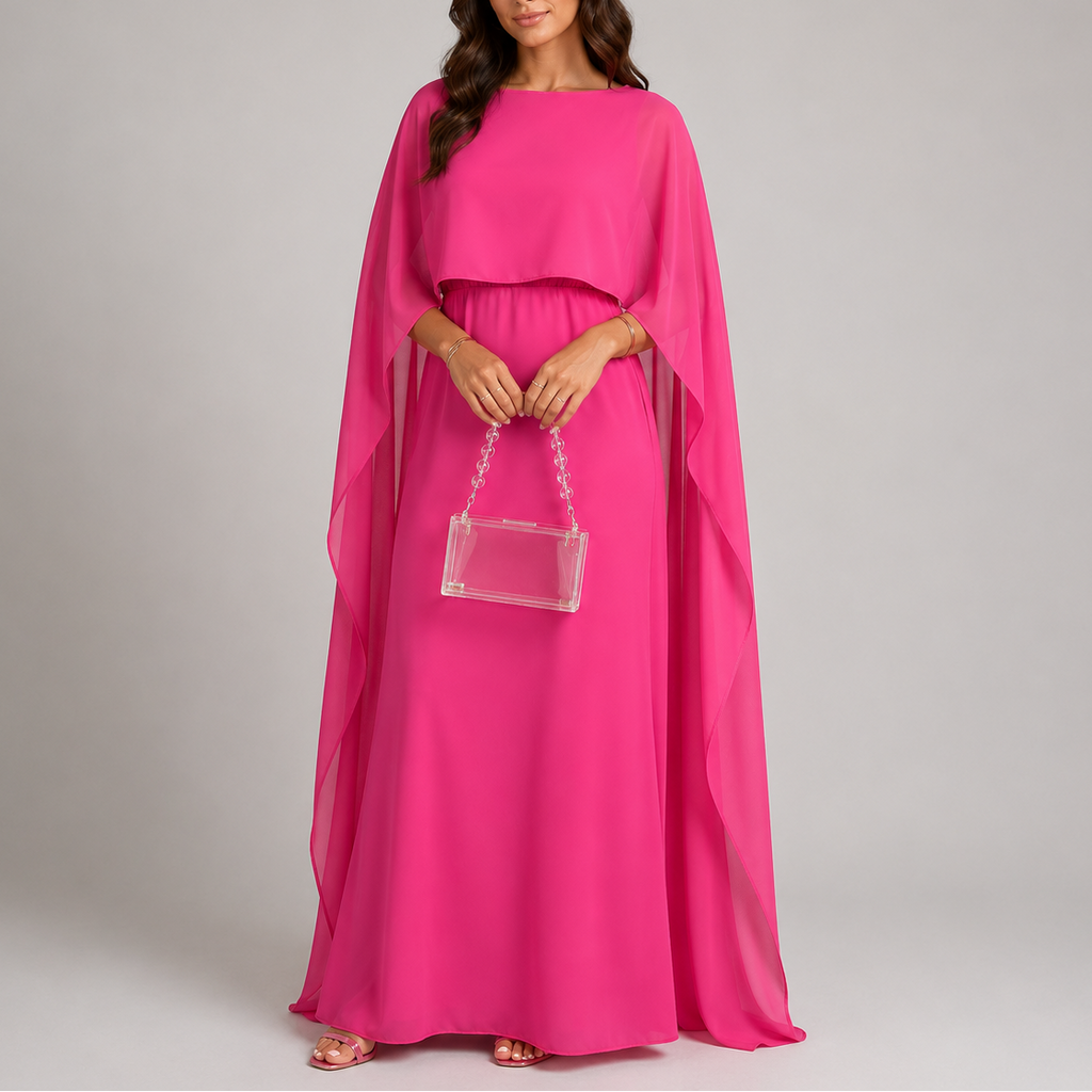 Draped cape maxi dress showing relaxed floor-length silhouette
