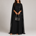 Floor-length evening maxi dress with draped cape sleeves