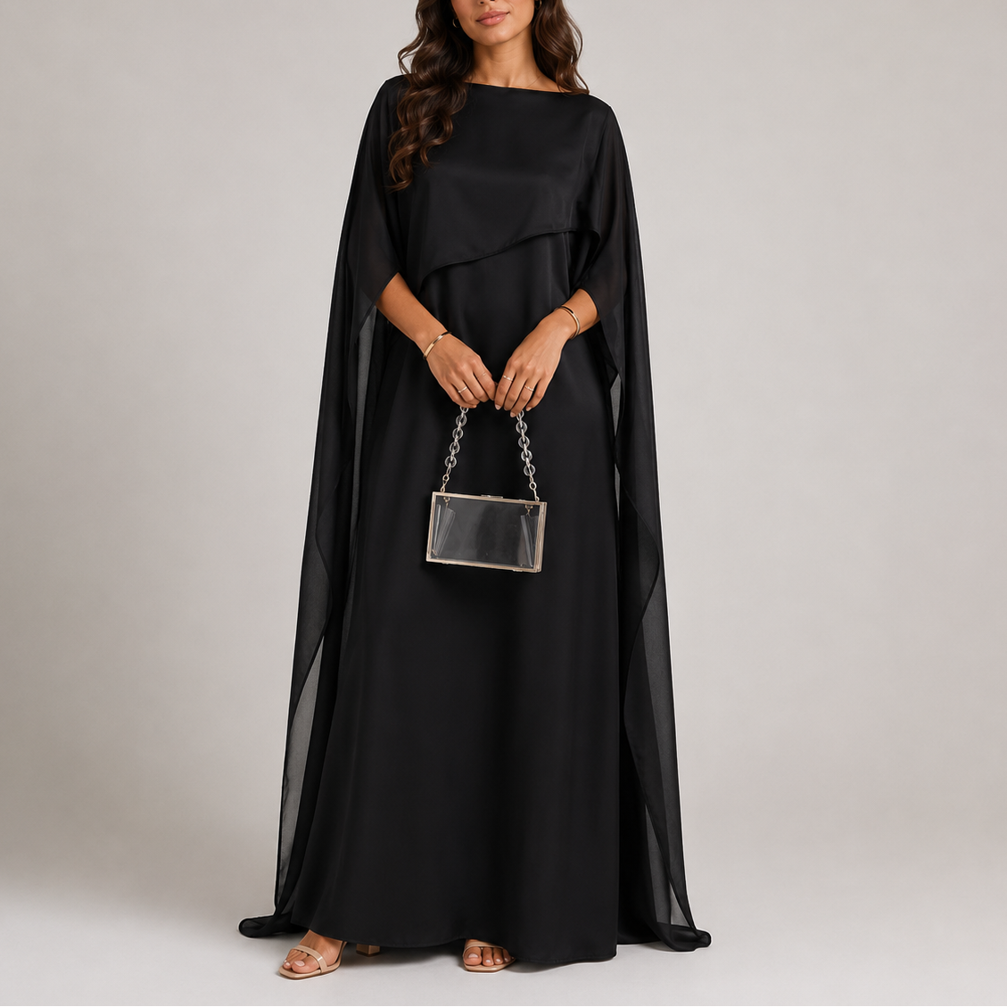 Floor-length evening maxi dress with draped cape sleeves