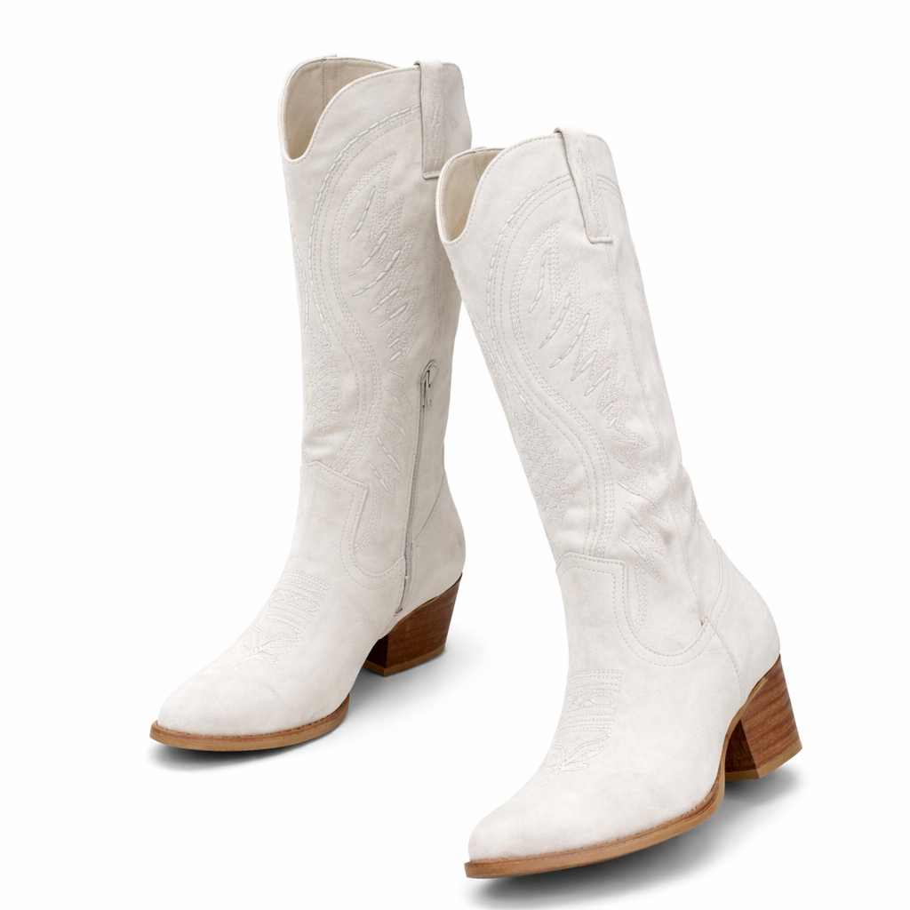 Elegant white embroidered cowboy boots with pointed toe