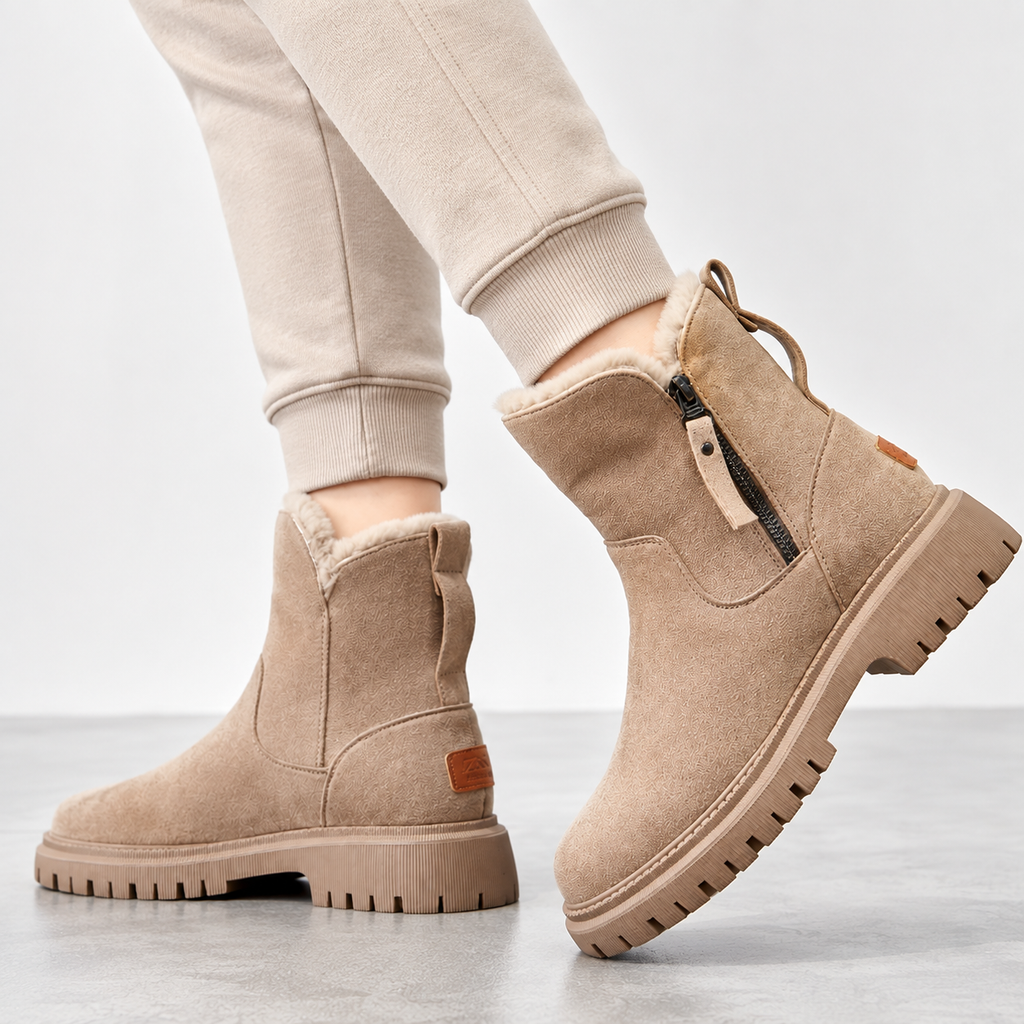 Beige faux-fur lined winter ankle boot with chunky sole
