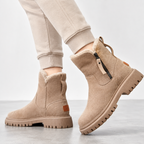 Beige faux-fur lined winter ankle boot with chunky sole