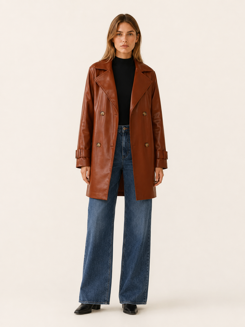 Faux Leather Trench Jacket in Brown