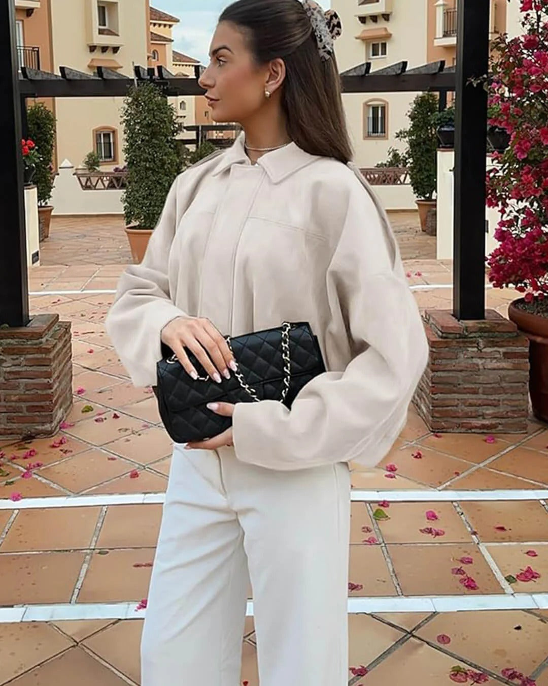 Faux suede collared bomber jacket styling angle