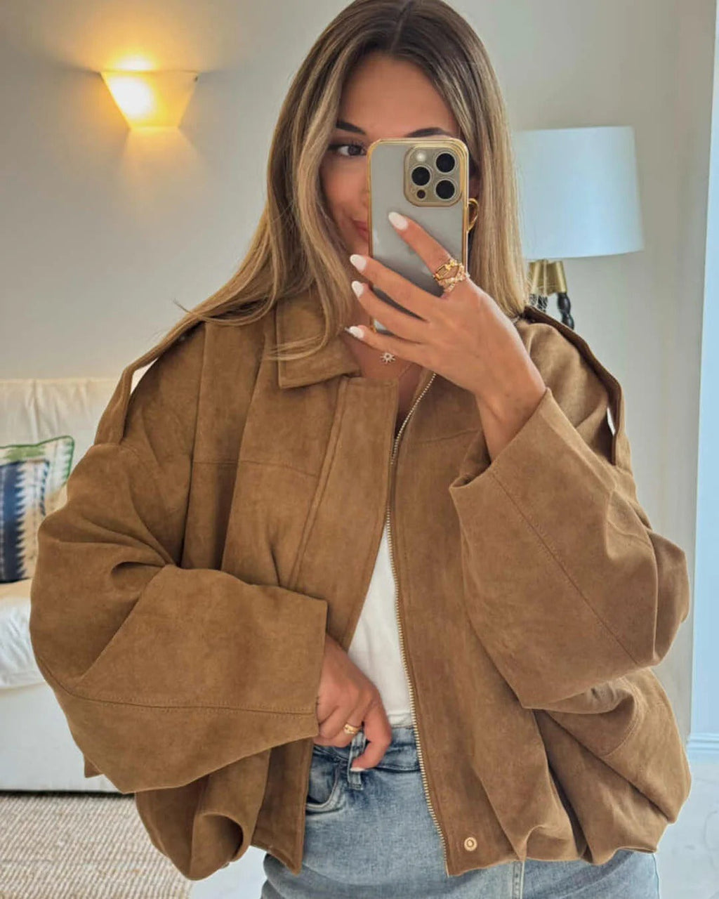 Faux suede collared bomber jacket rear view
