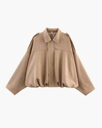 Faux suede bomber jacket detail of collar and front