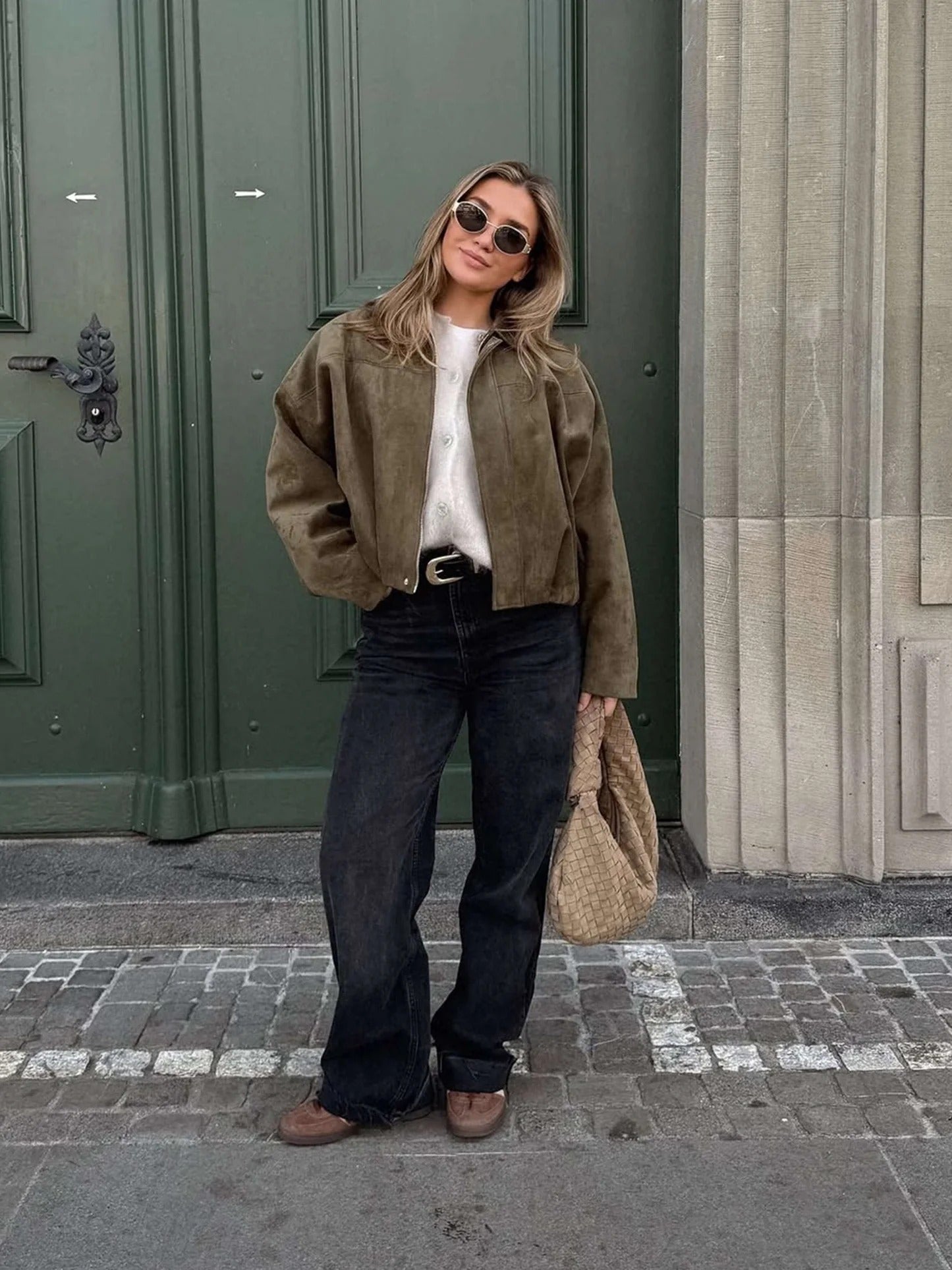 Faux suede bomber jacket with ribbed cuffs and hem