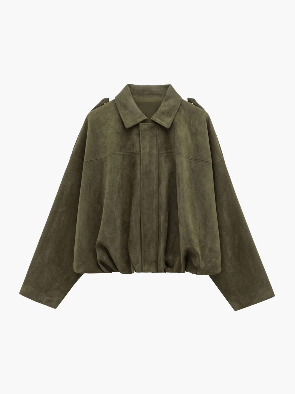 Woman wearing a faux suede collared bomber jacket, front view