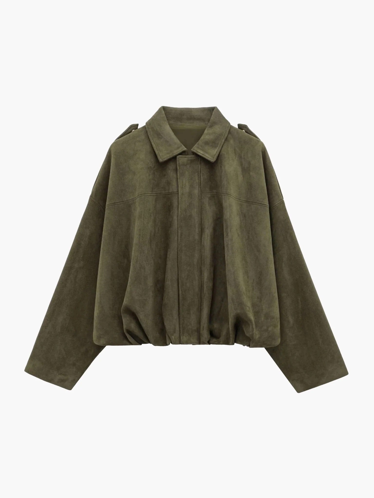 Woman wearing a faux suede collared bomber jacket, front view