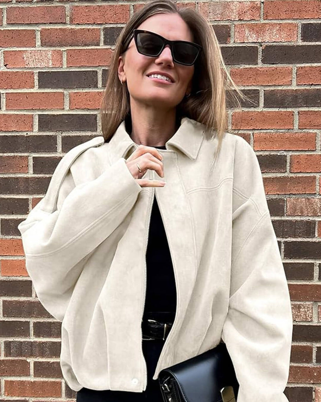 Faux suede collared bomber jacket full-length model shot