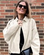 Faux suede collared bomber jacket full-length model shot