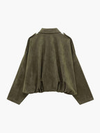 Faux suede collared bomber jacket styled on a model