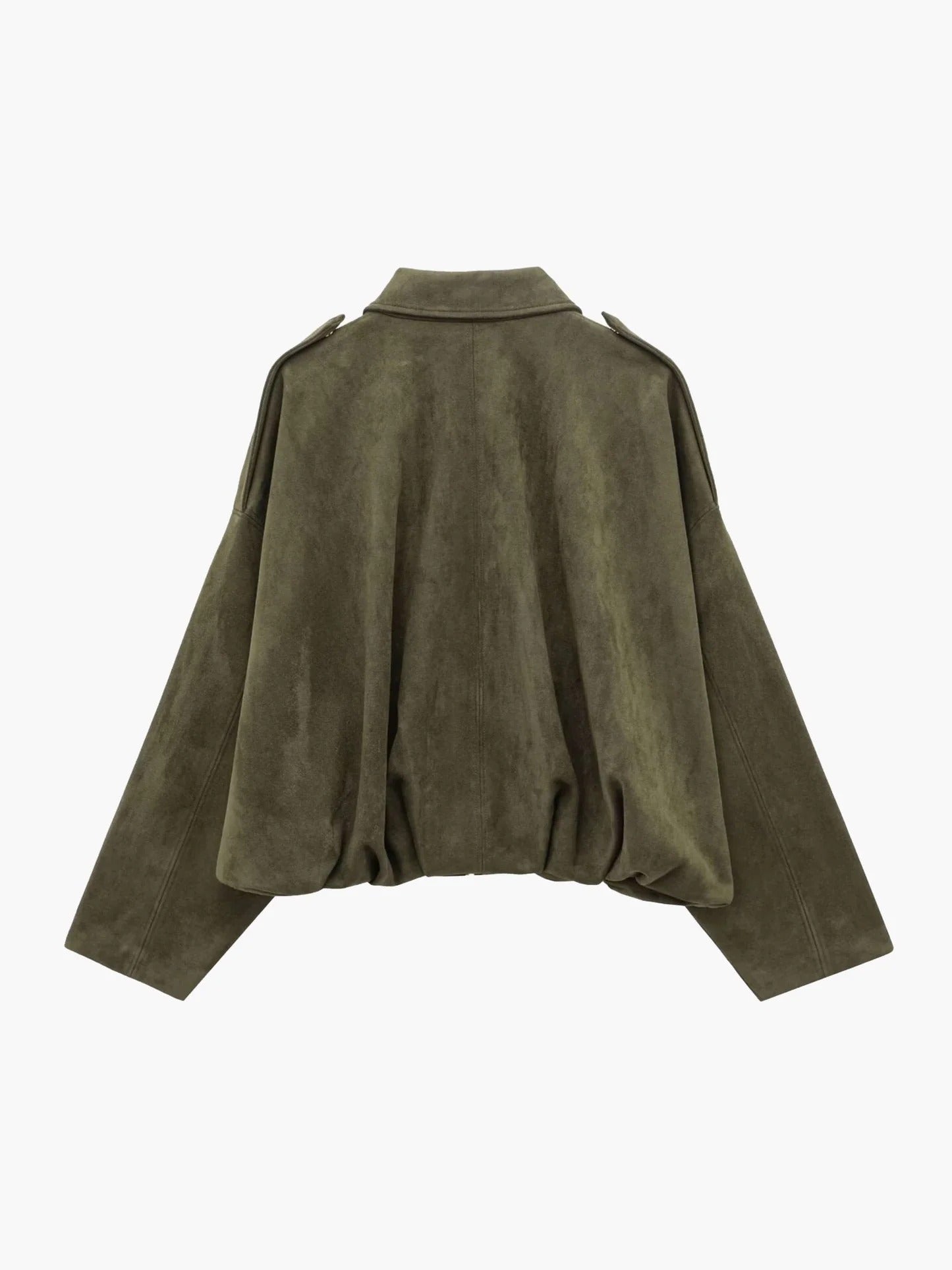 Faux suede collared bomber jacket styled on a model