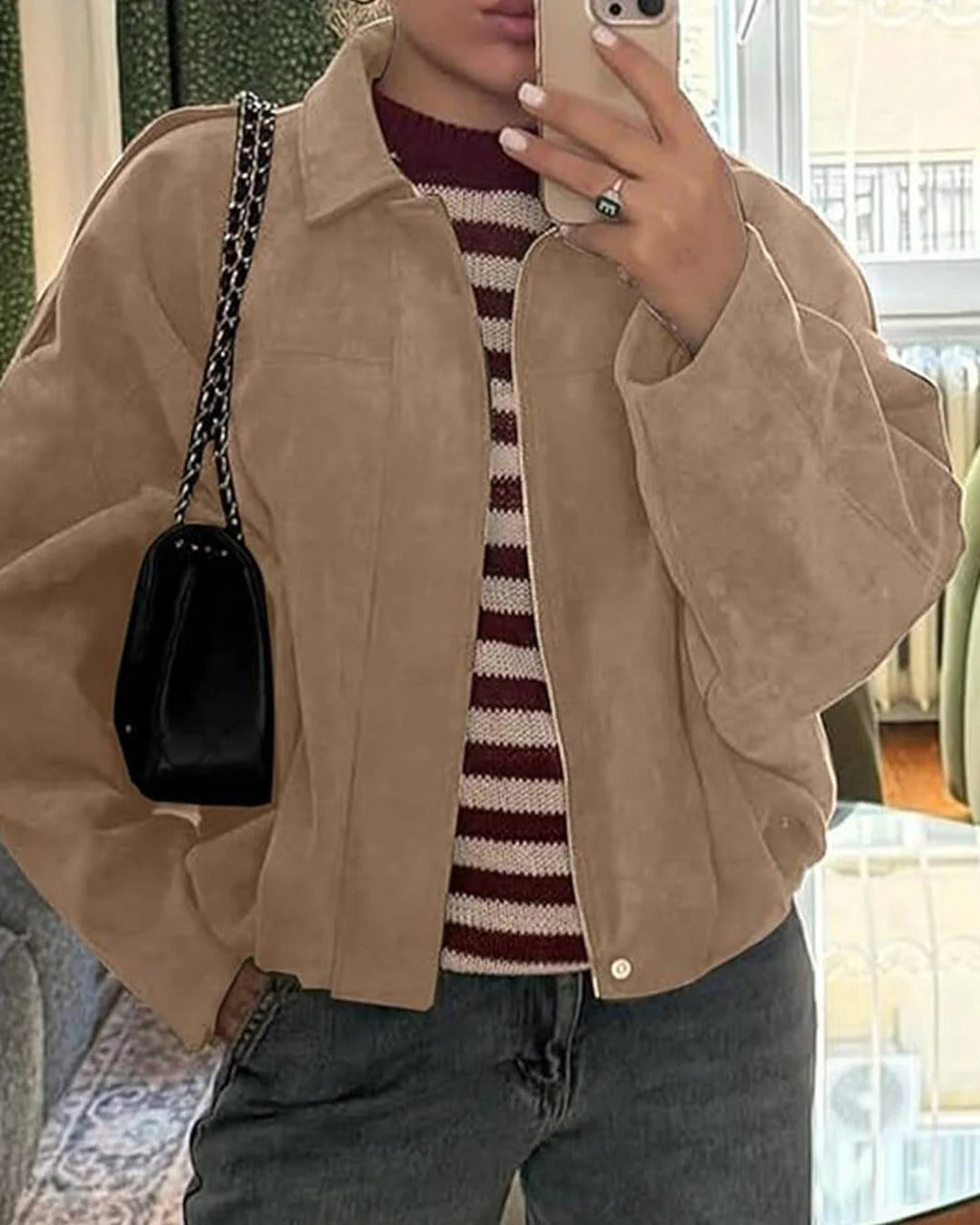 Faux suede collared bomber jacket in a neutral colourway