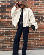 Faux suede bomber jacket shown from the side