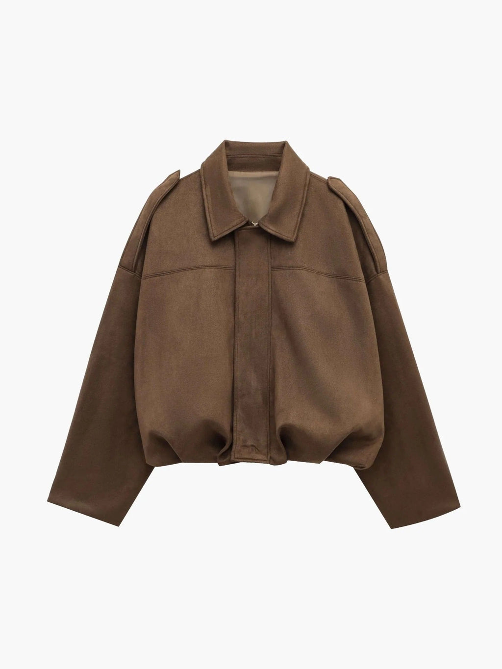 Woman wearing a faux suede collared bomber jacket