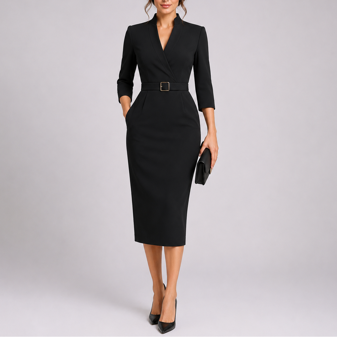 Long sleeve V-neck midi dress with matching waist belt detail