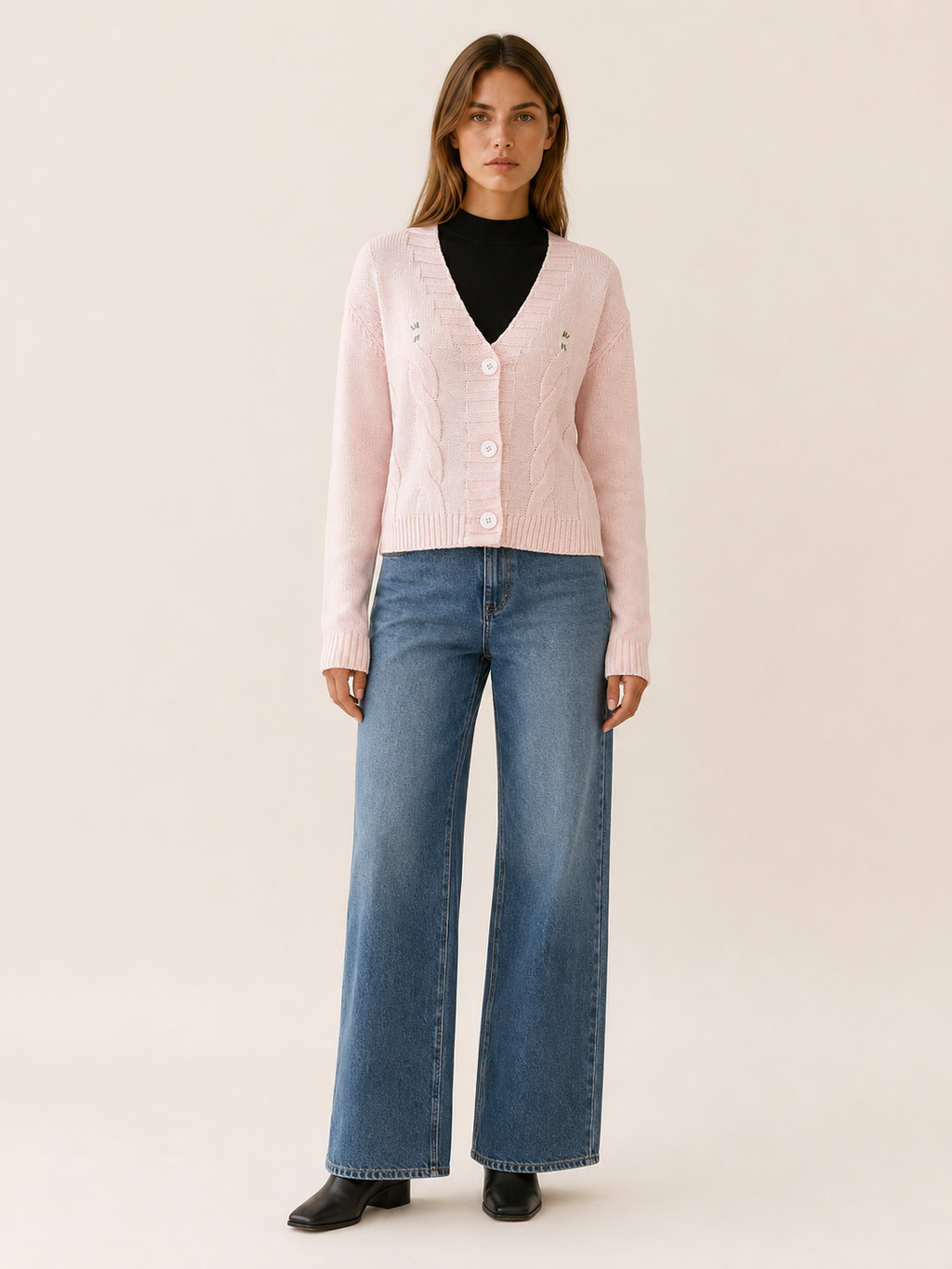Cropped Cardigan with V-Neck and Button Front in Pink