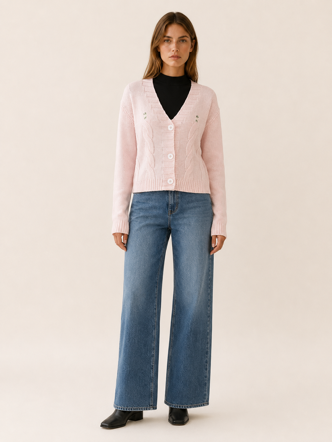 Cropped Cardigan with V-Neck and Button Front in Pink