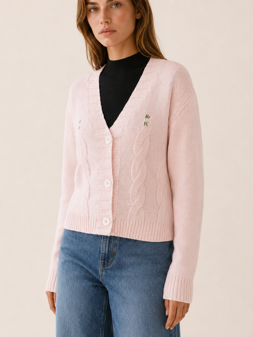 Cropped Cardigan with V-Neck and Button Front detail view