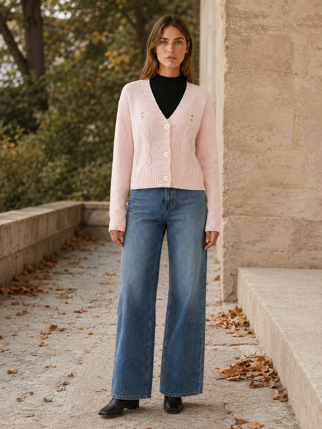 Cropped Cardigan with V-Neck and Button Front styling view