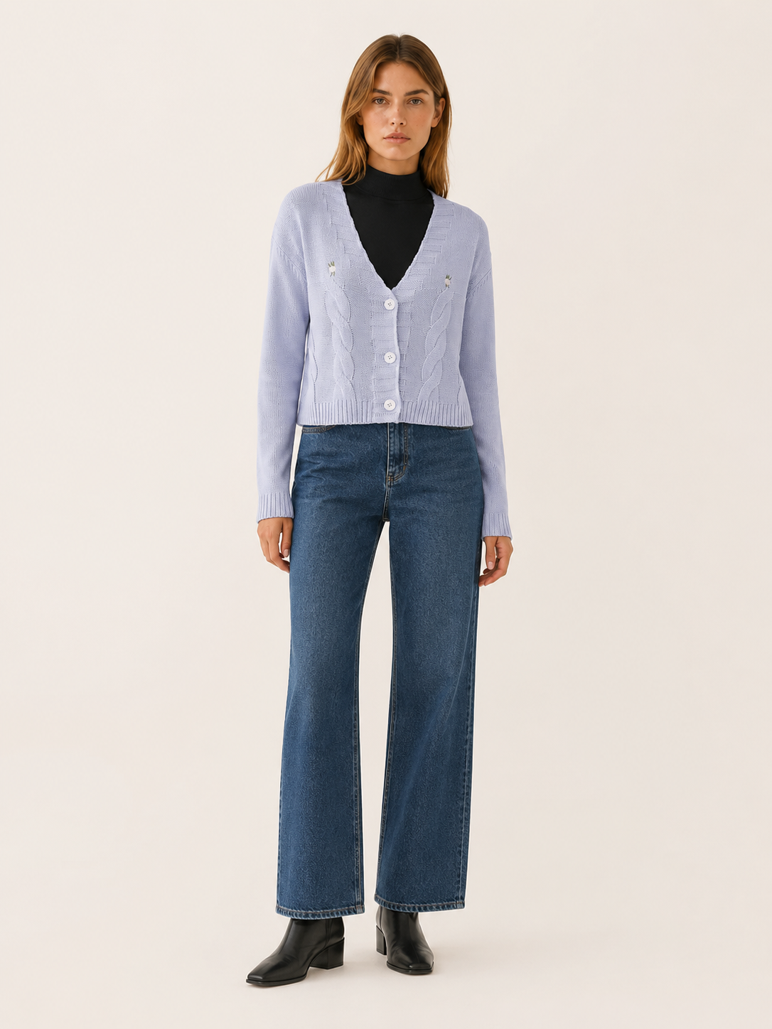 Cropped Cardigan with V-Neck and Button Front in Sky Blue