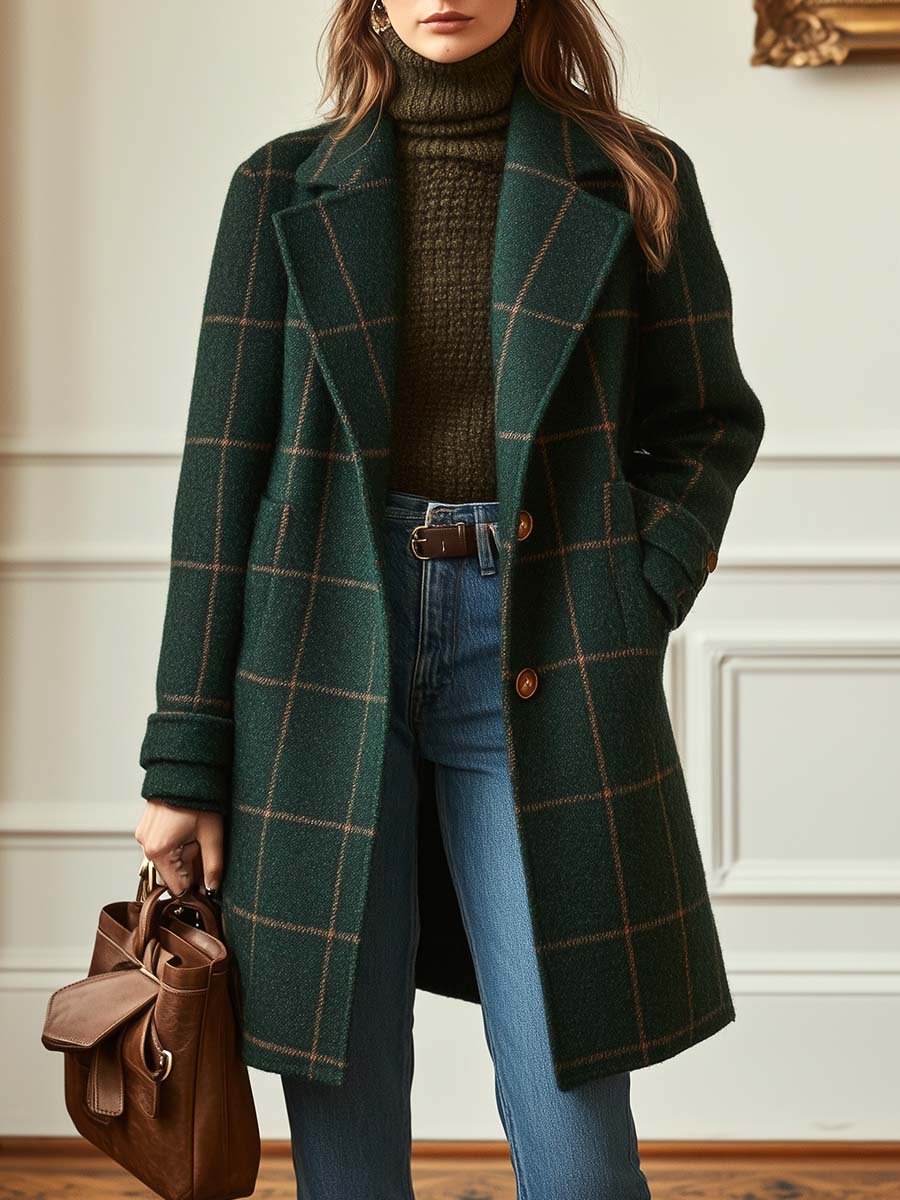 Women's Retro Lapel Check Tweed Coat