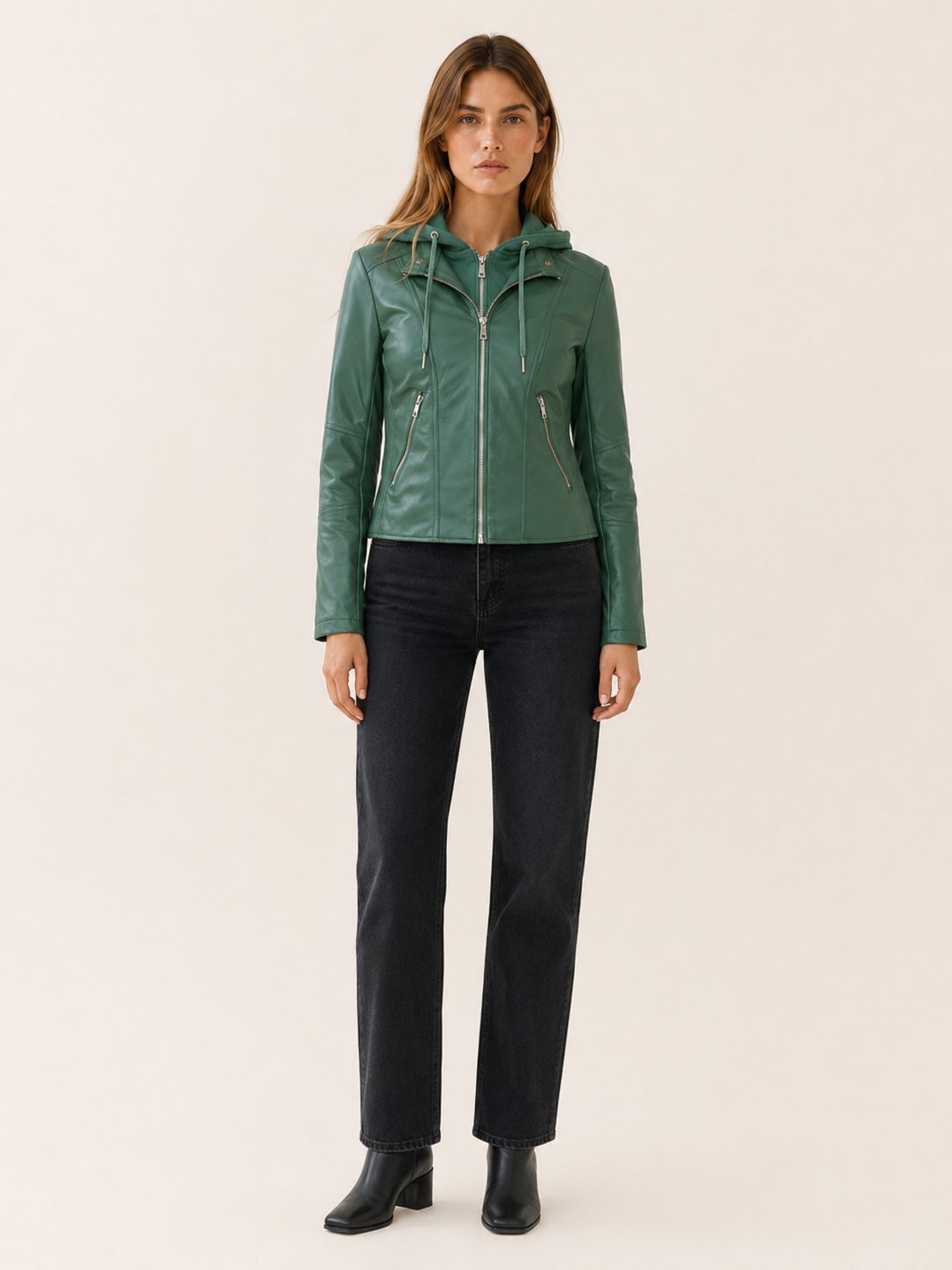 Green faux-leather hooded biker jacket with zip front