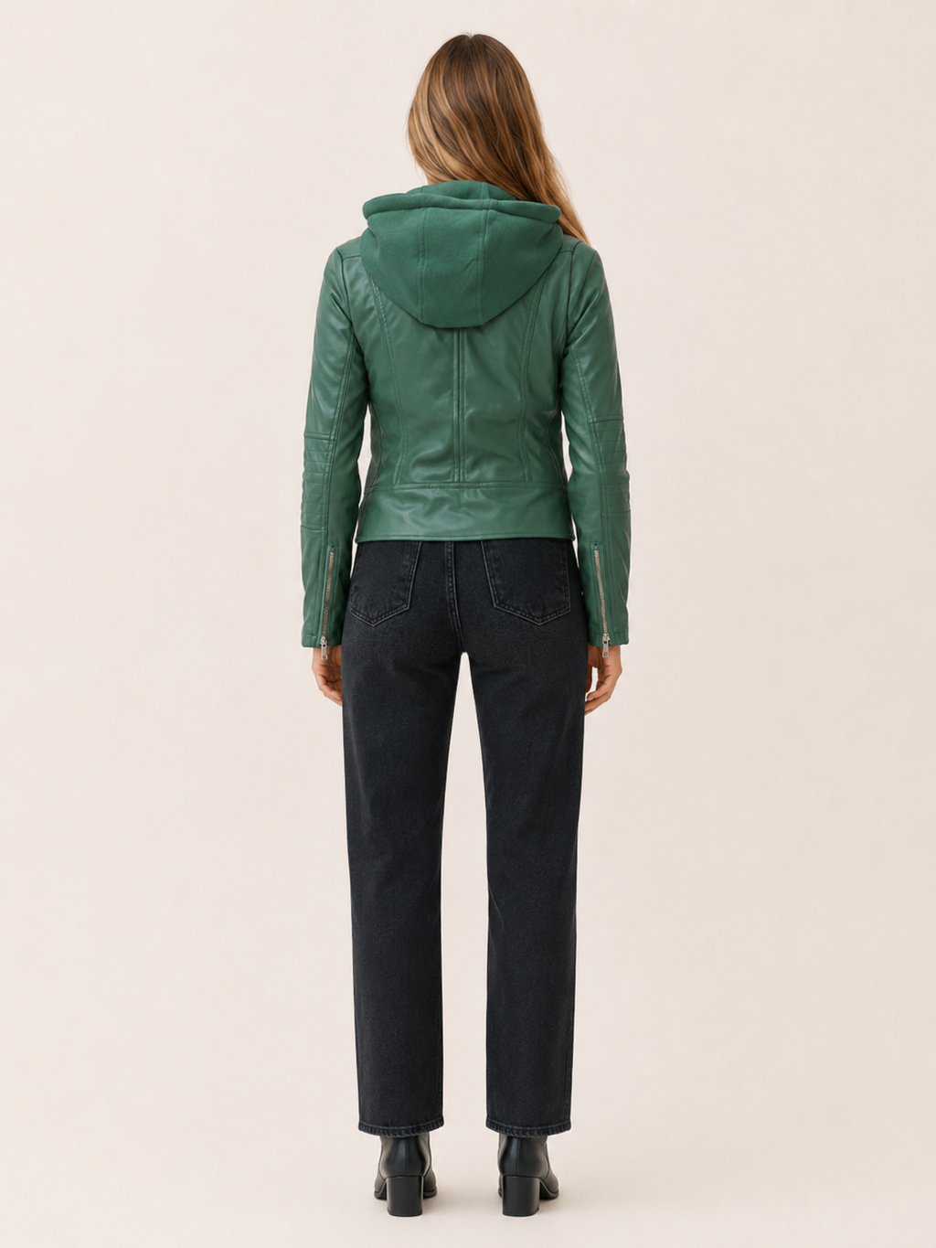 Green faux-leather hooded biker jacket – view 2