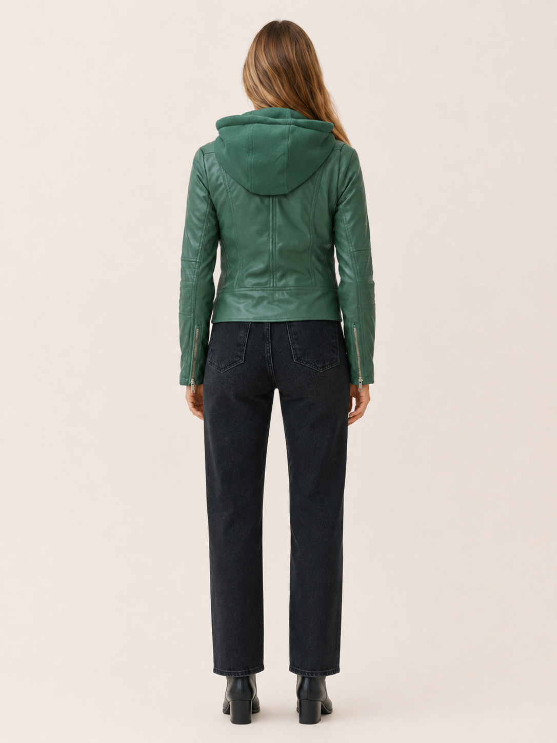 Green faux-leather hooded biker jacket – view 2