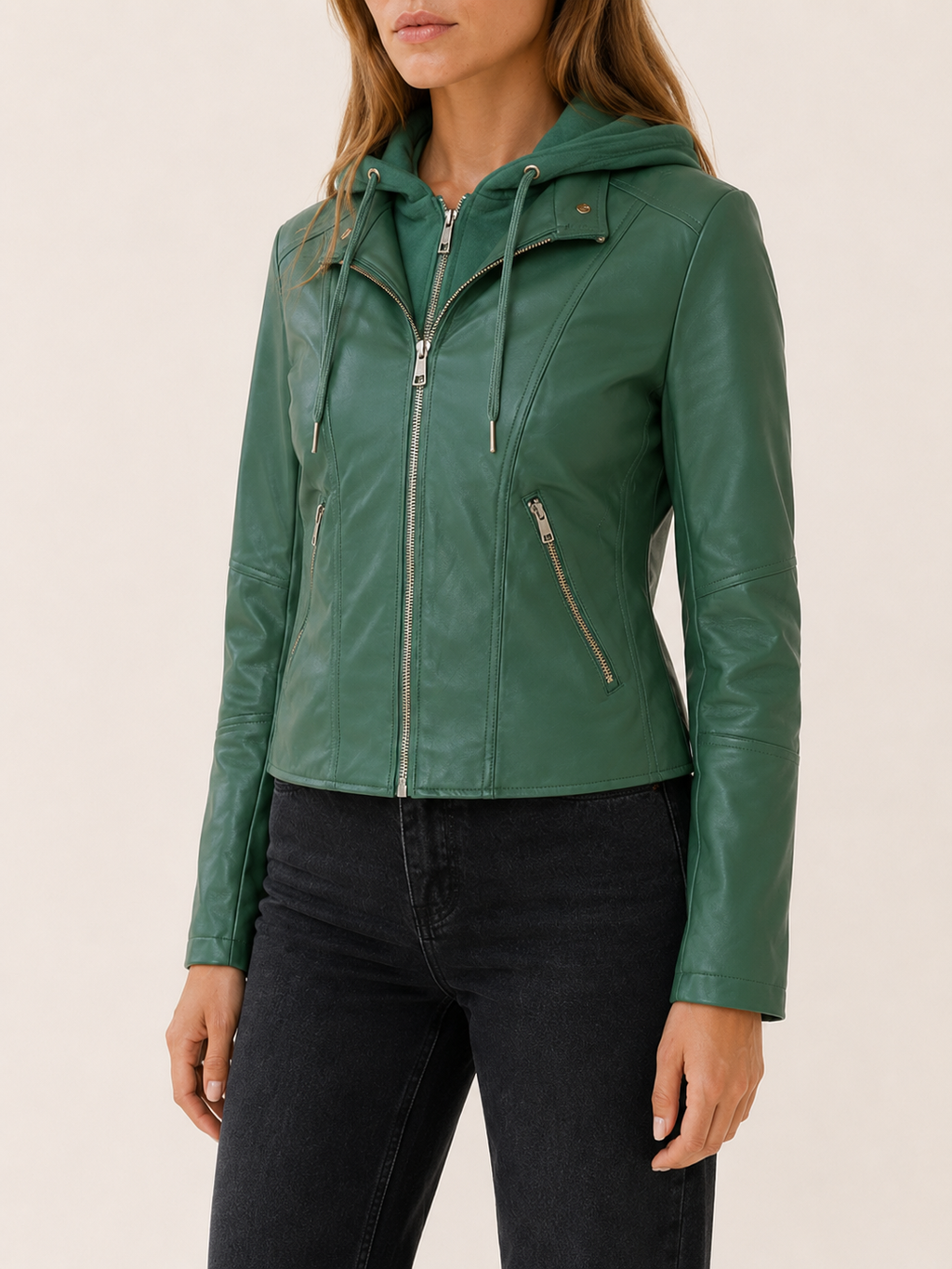 Green faux-leather hooded biker jacket – view 4