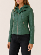 Green faux-leather hooded biker jacket – view 4
