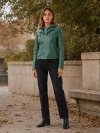 Green faux-leather hooded biker jacket with zip front – view 5