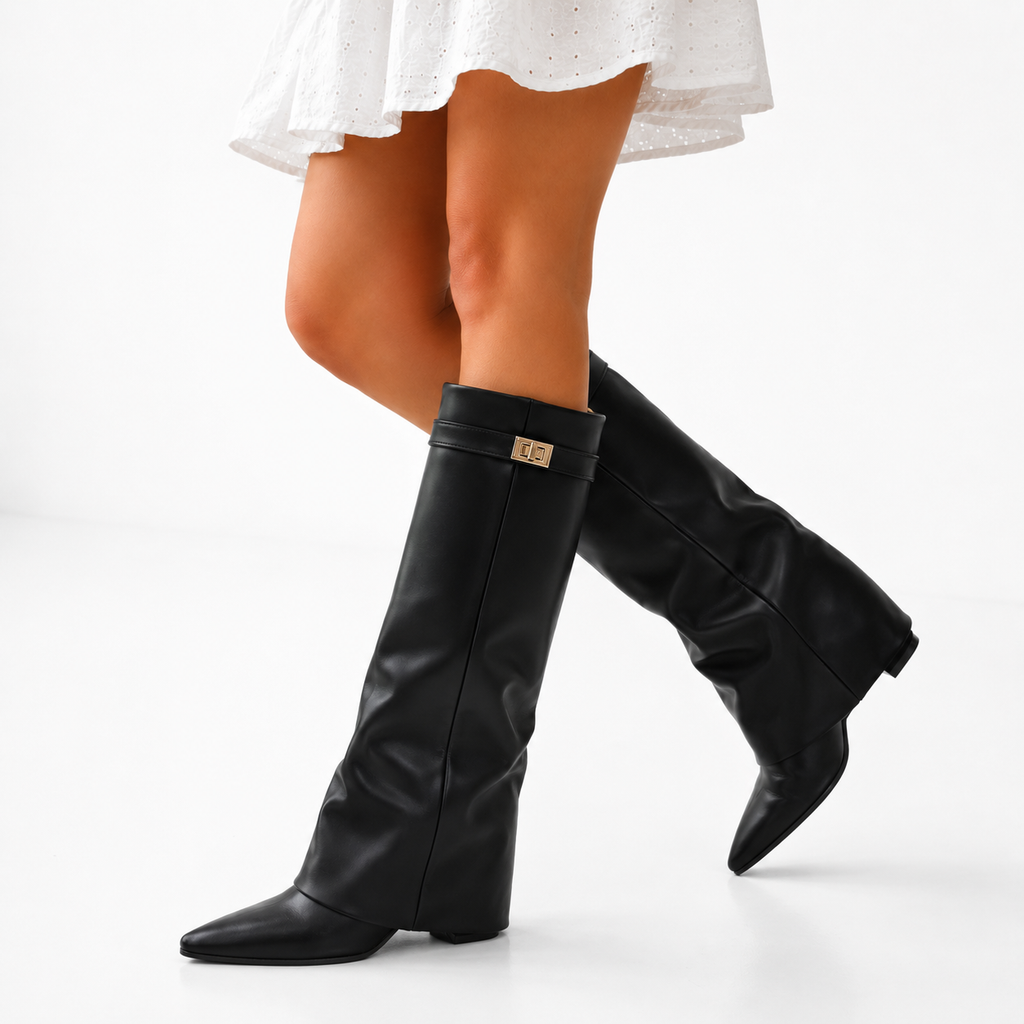 Black knee-high vegan leather boots with pointed toe and gold-tone detailing