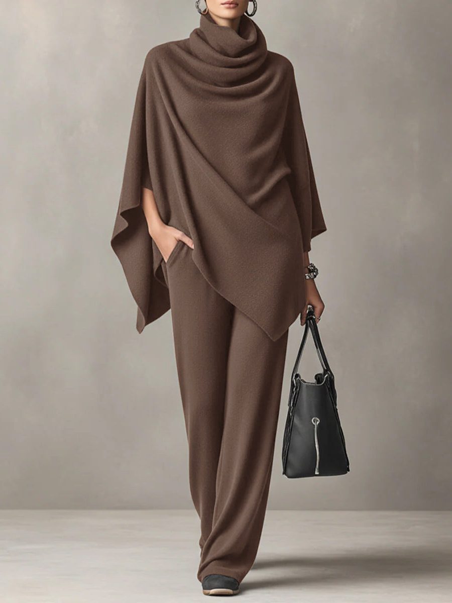 Close-up of the draped cowl neckline on a knitted co-ord set