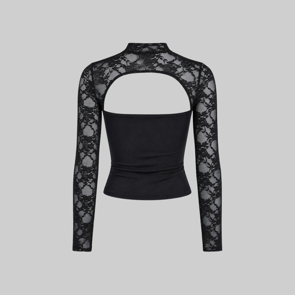 Lace cutout mock-neck top with flare sleeves detail